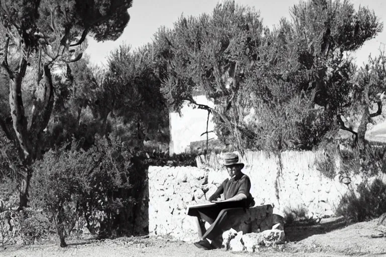 Prompt: old photo of an andalusian farmer using a laptop in a big cortijo