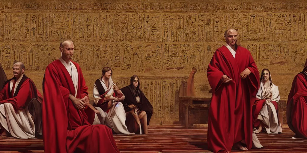 Prompt: beautiful oil matte portrait painting, ancient senators in red and white robes sit in tribunes, egyptian mosaic background, highly detailed, beautiful cinematic light deep focus, elegant, digital painting, smooth, sharp focus, golden ratio, dramatic illumination, art by aleksi briclot, rutkowski and caravaggio