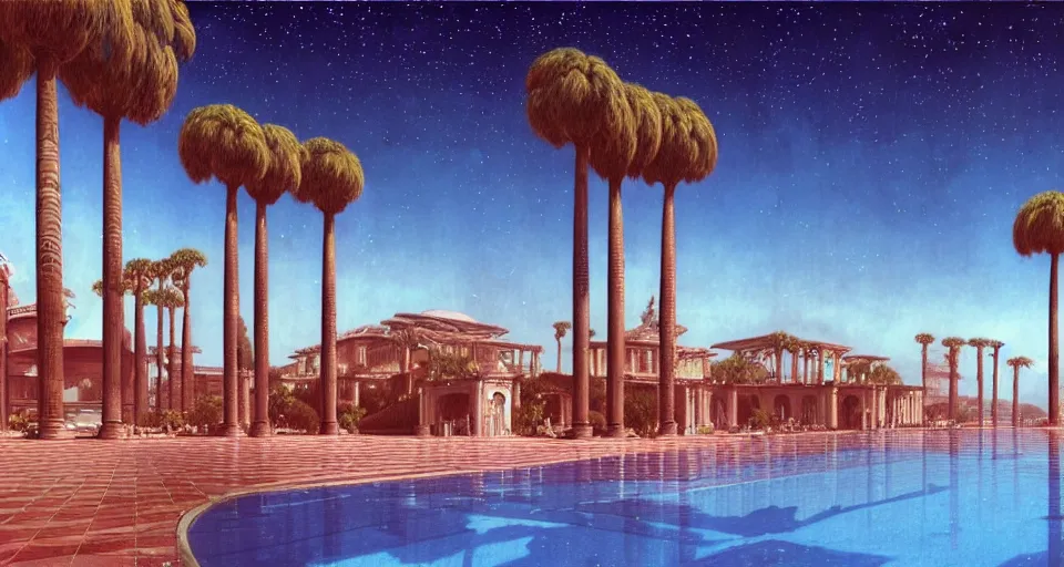 Prompt: a large tiled swimming pool with many palm trees surrounded by roman architecture columns and statues, underneath a star filled night sky, harold newton, zdzislaw beksinski, donato giancola, warm coloured, gigantic pillars and flowers, maschinen krieger, beeple, star trek, star wars, ilm, atmospheric perspective