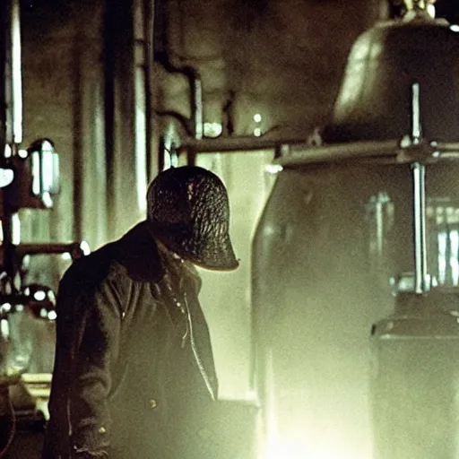 Prompt: a skeleton working in a distillery. still from blade runner