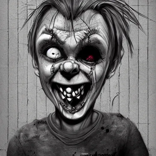 Image similar to surrealism grunge cartoon portrait sketch of chucky with a wide smile, by michael karcz, loony toons style, freddy krueger style, horror theme, detailed, elegant, intricate