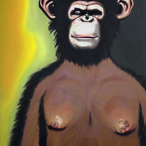 Image similar to portre of an autistic demonic chimpanzee on acid, masonic and kabalistic symbols in background, oil painting