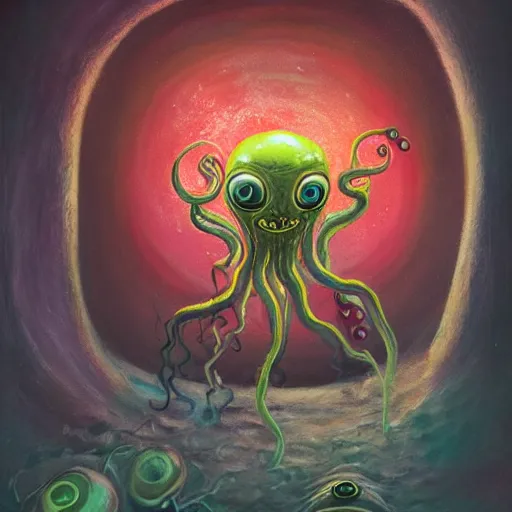 Prompt: disgusting slimy alien with hairy sphincter instead of mouth, tentacles, inside cave full of eggs, mike mignogna, dark vintage sci fi, strong contrasts, vivid colors, oil painting, trending on artstation, rough paper