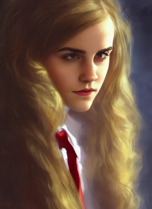 Image similar to portrait of teenage emma watson, long haircut, flowing blonde curly hair, white shirt, red tie, smiling kindly, soviet house at background, 1 9 8 0 s, intricate, elegant, glowing lights, highly detailed, digital painting, artstation, concept art, smooth, sharp focus, illustration, art by wlop, mars ravelo and greg rutkowski