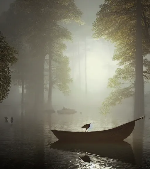 Image similar to three crows in a little boat in a swamp, volumetric lighting, fog, majestic light, octane render, ethereal glare of the sun, hyperrealistic, epic, masterpiece, by greg rutkowski