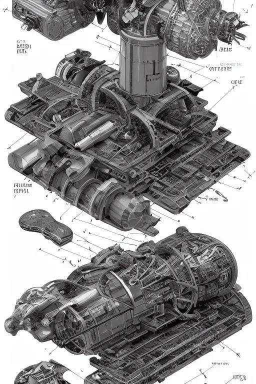 Image similar to exploded view!! aesthetically pleasant technical drawing of an open - source nuclear weapon machinery, hyperdetailed, complex, intricate, isometric, 4 k, trending on artstation