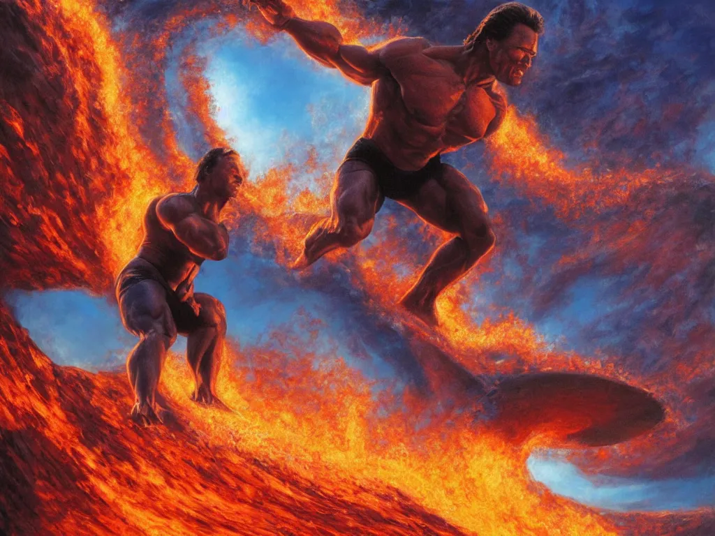 Image similar to detailed full body portrait of an arnold schwarzenegger surfing on lava wave by boris vallejo, fire lake, stunning scene, 8 k, digital painting, hyperrealism, bright colors, trending on artstation