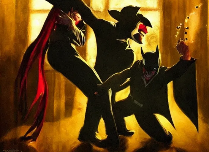 Image similar to Batman and Joker dance together，atmospheric lighting, masterpiece, award winning painting by Emmanuel Lubezki