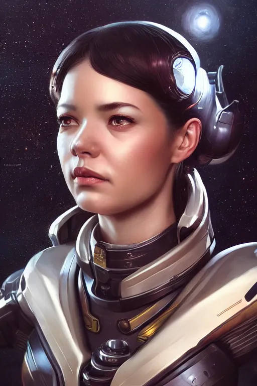 Prompt: highly detailed portrait of a female starship captain wearing a fancy uniform, detailed eyes, art by wlop and artgerm, spaceship environment, trending on artstation, sharp focus, illustration, caustics, octane render, 4 k, radiant light