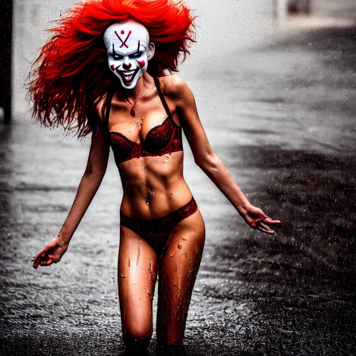 Image similar to fully body pose, photo of a very beautiful!! victoria secret model, pennywise, wet hair, raining, 8 k, hdr, smooth, sharp focus, high resolution, award - winning photo, trending on artstation, dslr, 5 0 mm