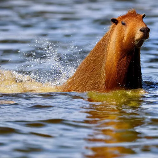 Prompt: candid photograph of a capybara swimming in a lake