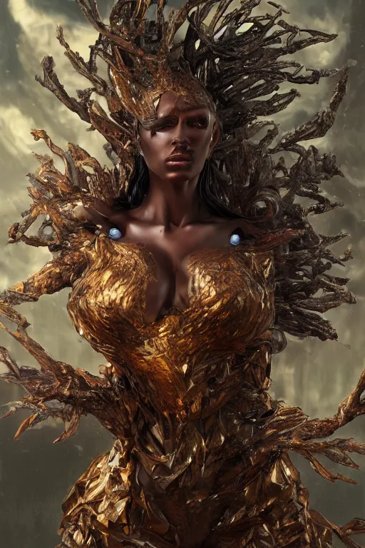 Prompt: fantasy character concept portrait, digital painting, wallpaper of a mechanical dryad with skin of obsidian, with veins of magma and gold, renaissance nimbus overhead, by aleksi briclot, by laura zalenga, by alexander holllow fedosav, 8 k dop dof hdr, vibrant