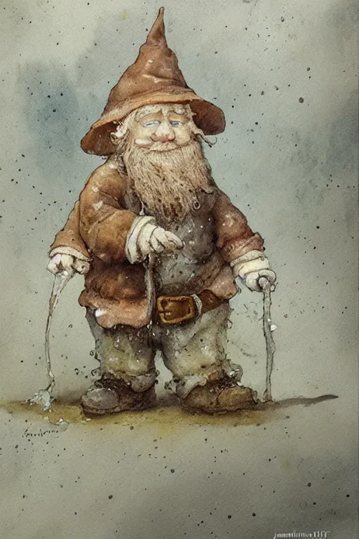 Prompt: muted color!! watercolor of a gnome painterly, granular dripping running. very muted colors. ) ) by jean - baptiste monge!!