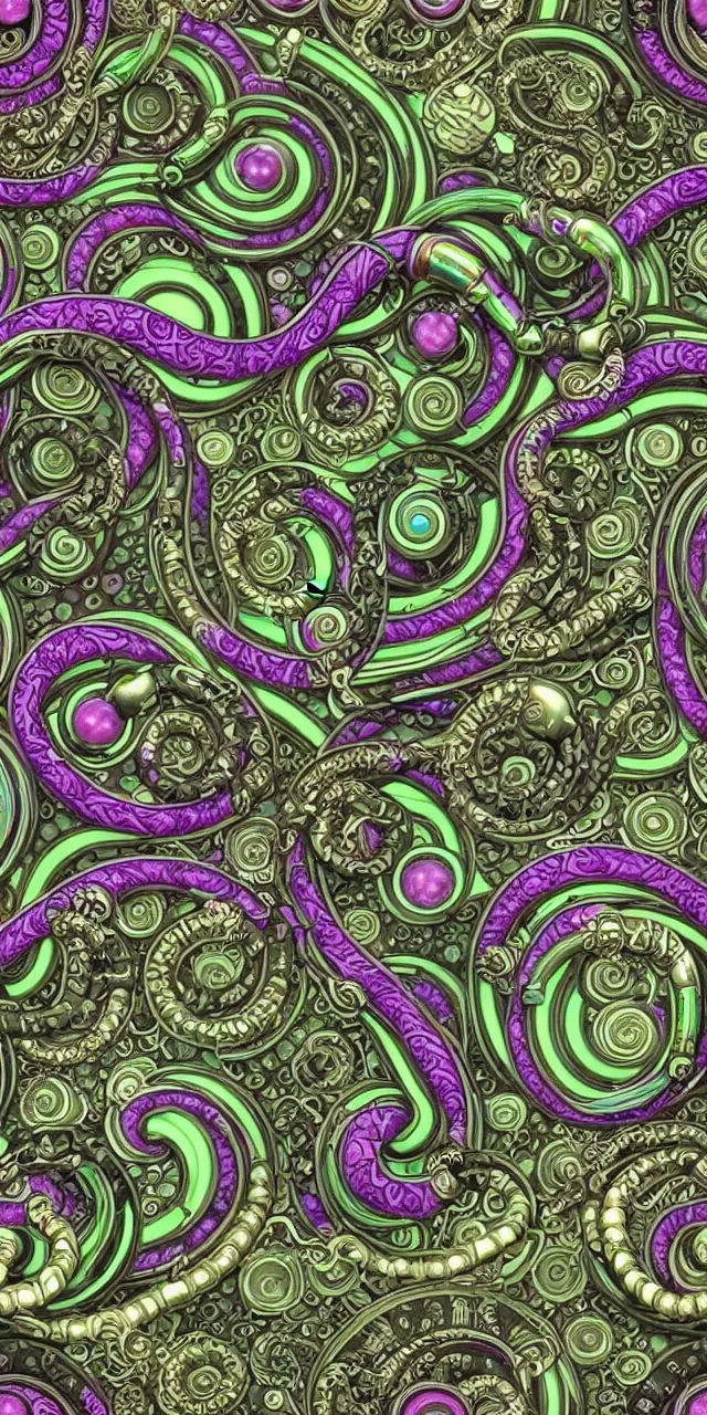 Prompt: seamless pattern of beautiful cybernetic robotic goddess with snakes cartier jewelry and cables arranged in a art nouveau damask pattern, subsurface scattering, rainbow liquids, inside organic robotic tubes and parts, black background, swirls and spirals of rainbow dragons, symmetrical composition + intricate details, hyperrealism, wet, reflections + by alfonse mucha, no blur