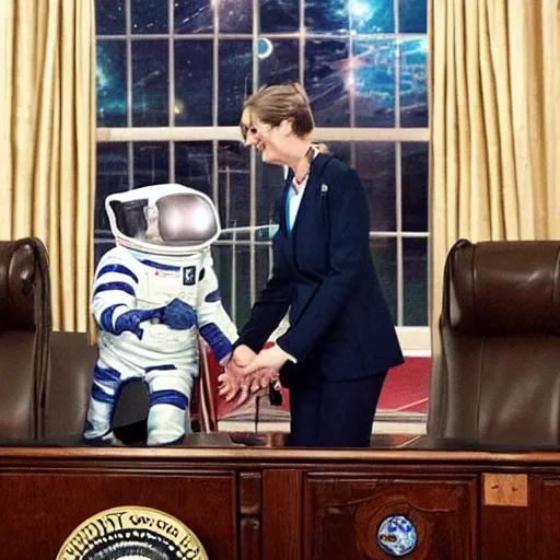 Image similar to cat astronaut shakes the hands with president