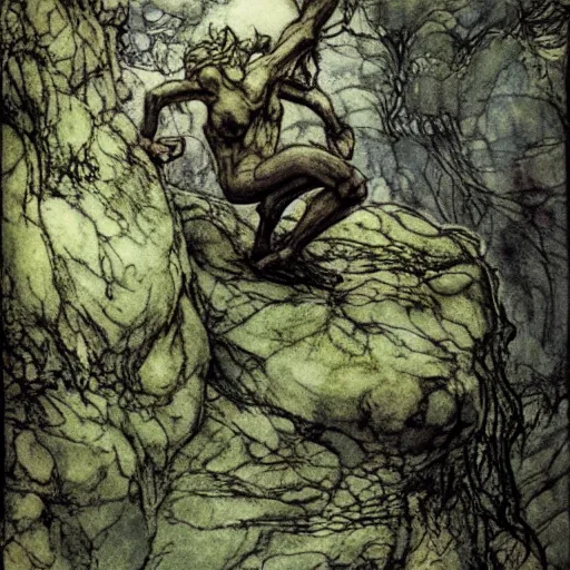 Image similar to a troll on a rock in a forest, dramatic lighting, fluid, smooth, bright, colours, very detailed, by briand froud and arthur rackham and john bauer