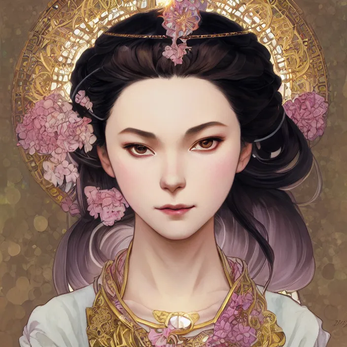 Image similar to kamado nezuko with sparkling eyes, closed up portrait, highly detailed, gold filigree, fantasy, soft cinematic lighting, award, disney concept art, watercolor illustration by mandy jurgens and alphonse mucha and alena aenami, pastel color palette, featured on artstation