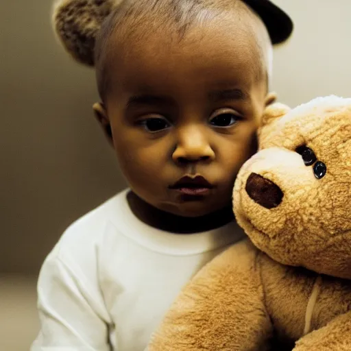 Image similar to cinematic photograph of baby Kanye West with a anthropomorphic teddy bear, close up, portrait, album cover, shallow depth of field, 40mm lens, gritty, textures