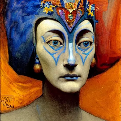 Prompt: the raven queen in her crown, by Annie Swynnerton and Nicholas Roerich and Diego Rivera, blue skin, elaborate costume, geometric ornament, rich color, dramatic cinematic lighting, smooth, sharp focus, extremely detailed