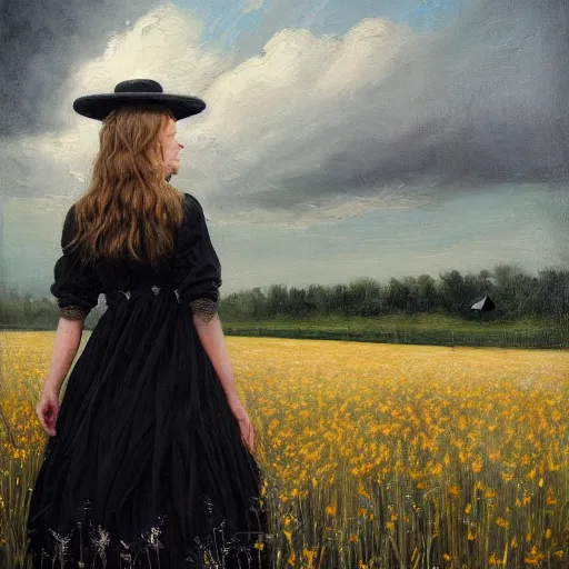 Image similar to a girl standing in a field, wearing black old dress and hat, by andrea kowch, andrea kowch style painting, dark, scene, magicrealism, flowers in background,