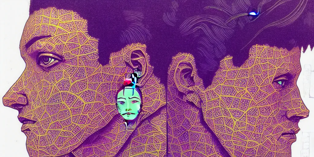 Image similar to risograph grainy drawing futuristic sci - fi antagonist face wearing earrings, photorealistic colors, face covered with plants and flowers, by moebius and satoshi kon and dirk dzimirsky close - up portrait, hyperrealistic