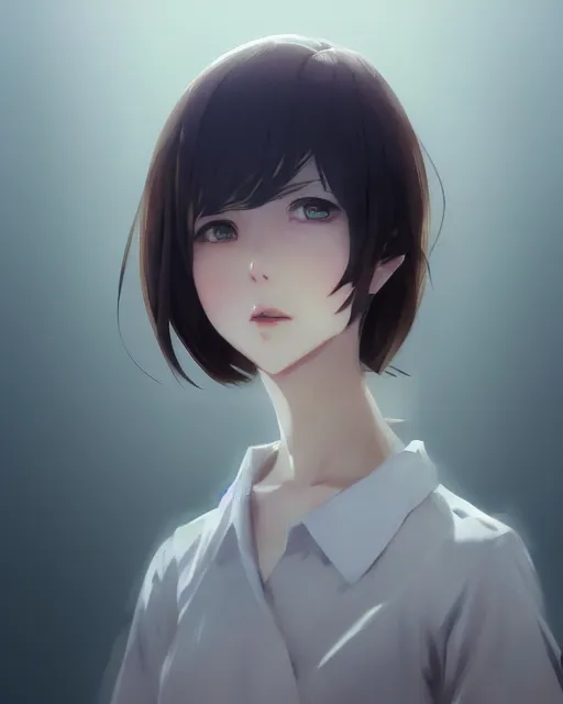 Image similar to kyoto animation, woman with short hair, beautiful, detailed portrait, cell shaded, 4 k, concept art, by wlop, ilya kuvshinov, artgerm, krenz cushart, greg rutkowski, pixiv. cinematic dramatic atmosphere, sharp focus, volumetric lighting, cinematic lighting, studio quality