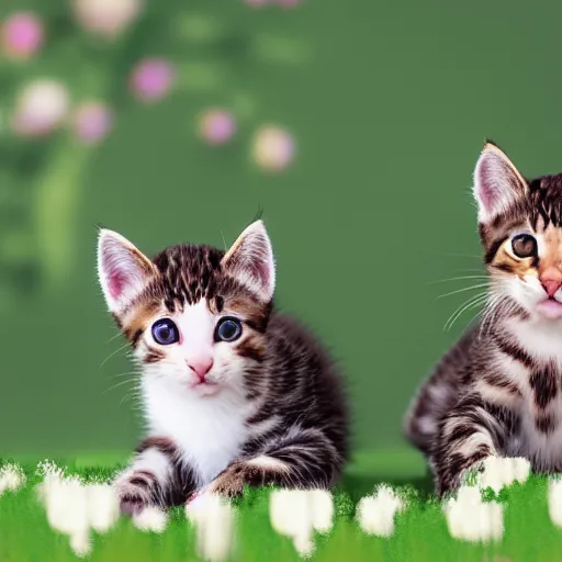 Prompt: photorealistic potrait of two kittens playing in a field of catnip, wide angle lens, bokeh filter, hyperrealism