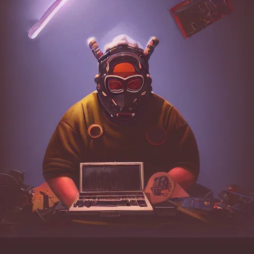 Image similar to an insanely detailed painting of a chubby nerdy asian man wearing a homemade superhero costume and mask, sitting at a computer desk typing on the keyboard, in the style of peter mohrbacher, dramatic lighting and composition, trending on artstation, concept art, comic book, graphic novel, back view