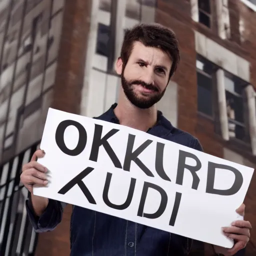 Prompt: stock photo of a man holding a sign that says OKBUDRETARD, realistic, detailed image, HDR, HDD, Clear Image, RTX ON, C 10.0