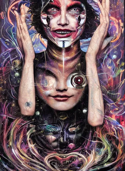 Image similar to gorgeous magic cult psychic woman smiling, third eye, subjective consciousness psychedelic, epic surrealism expressionism symbolism, story telling, iconic, dark robed, oil painting, symmetrical face, dark myth mythos, by Sandra Chevrier, Noriyoshi Ohrai masterpiece