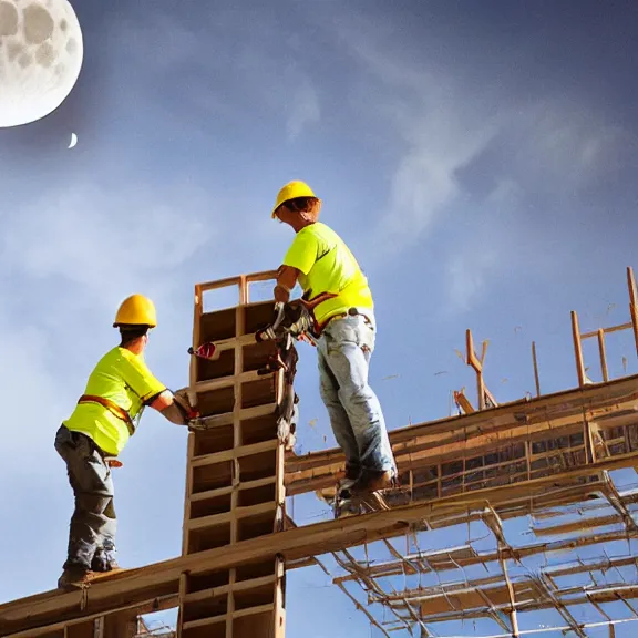 Image similar to two construction workers removing the moon from the sky