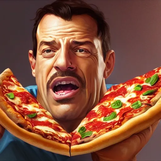Image similar to portrait of Tony Robbins opening his mouth to eat pizza, also smashing pizza with his fists, highly detailed, digital painting, artstation, concept art, sharp focus, illustration, art by artgerm and greg rutkowski and alphonse mucha