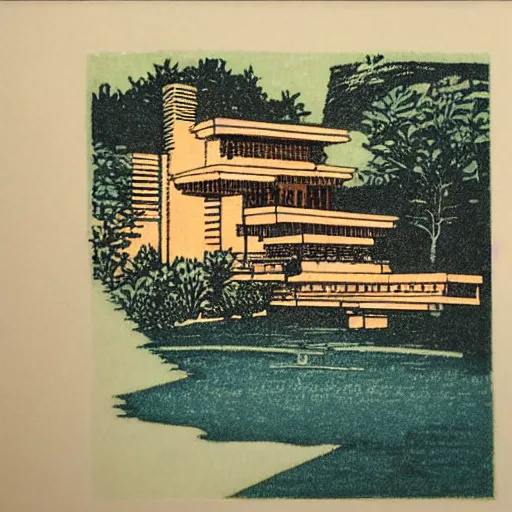 Prompt: master color woodblock print, fallingwater