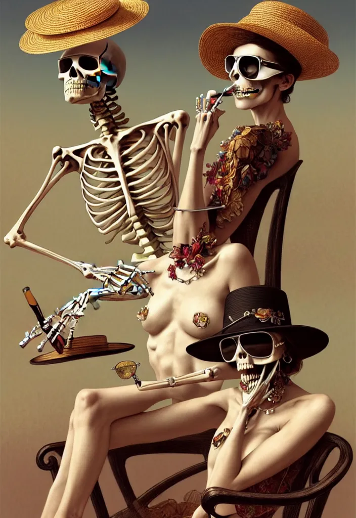 Prompt: a skeleton wearing sunglasses and a straw hat sitting on a chair with a martini in one hand and a cigar in the other, intricate, elegant, sharp focus, illustration, highly detailed, digital painting, concept art, matte, art by WLOP and Artgerm and Greg Rutkowski and Alphonse Mucha, masterpiece