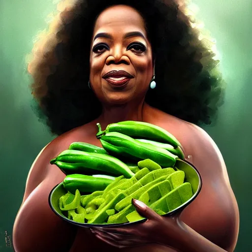 Image similar to a dish of oprah winfreys face fused with okra veg with green stalky ( ( green oprah winfrey's face ) ), oprah okra winfrey sentient veg, by greg rutkowski