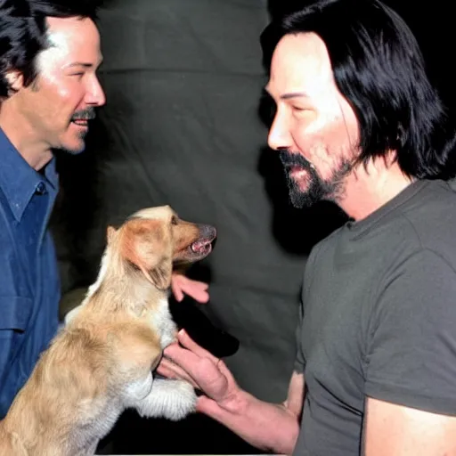 Prompt: claymation keanu reeves petting a happy dog