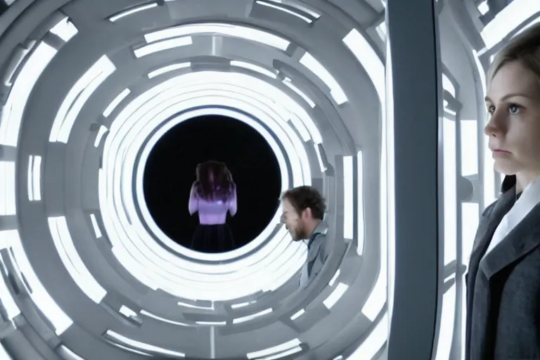 Image similar to movie closeup polar opposites, couple, researchers in a futuristic lab building inter dimensional portal machine, beautiful skin, Symmetrical faces. Beautiful lighting by Emmanuel Lubezki