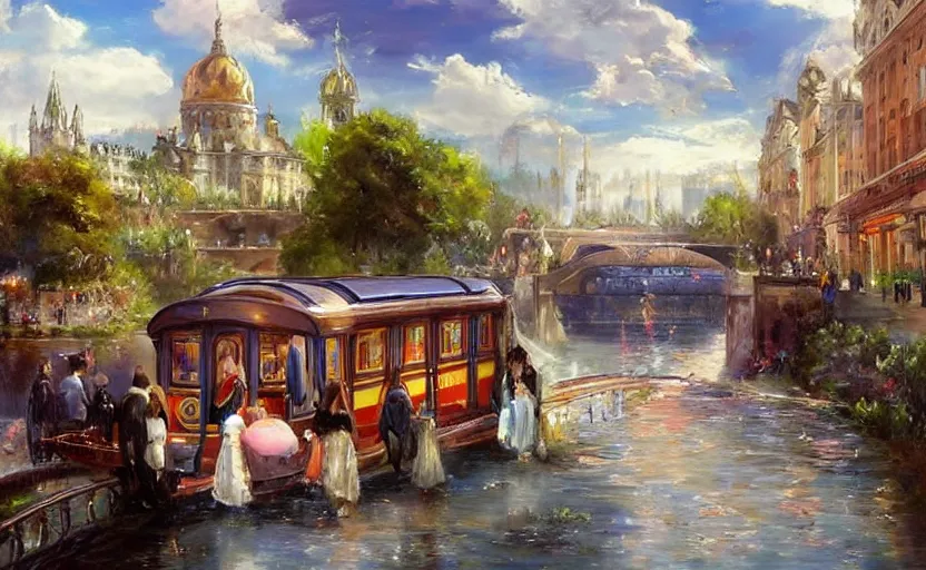 Image similar to Beautiful alchemy urban train that rides inside of a waterway on a fantasy city, next to a fountain and a mystical palace. By Konstantin Razumov, highly detailded