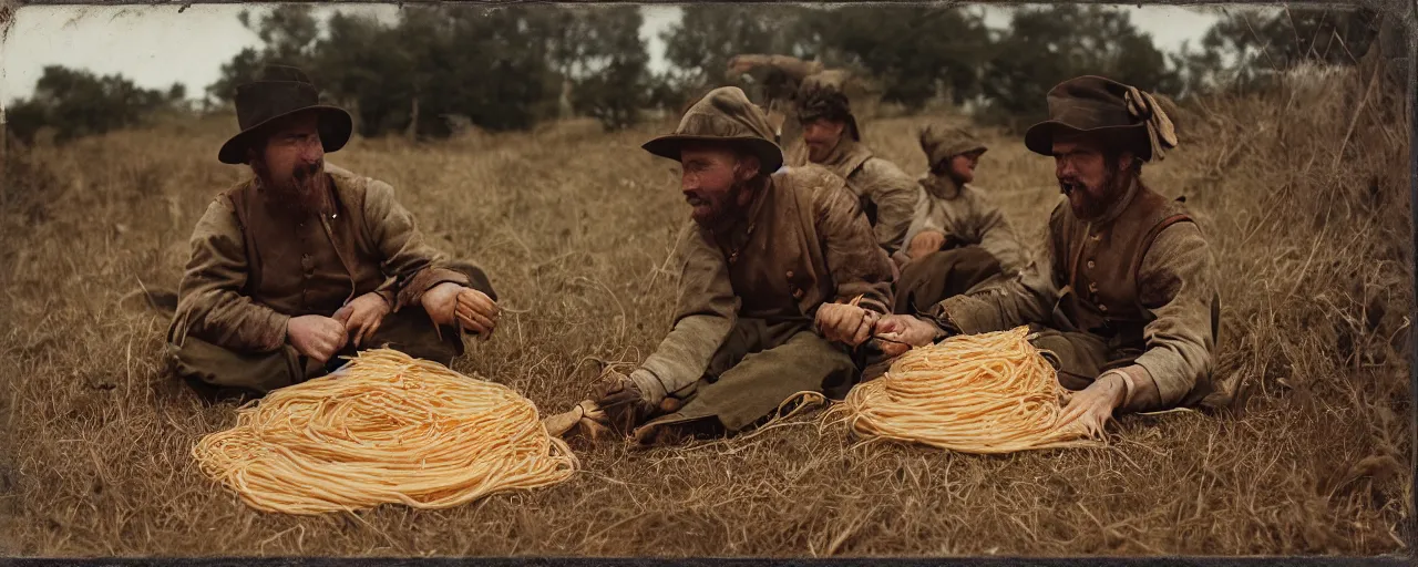 Image similar to eating spaghetti on the battlefield, american civil war, tintype sigma 5 0 mm, cinematic lighting, photography, wes anderson, kodachrome