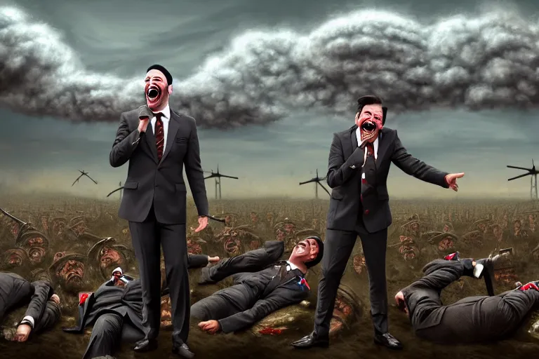 Image similar to a Comedian in suit and tie performing in a battle field with smiling dead bodies on the ground, nuclear cloud in far horizon, comedian is funny, performing to dead soldiers, apocalypse, trending on artstation, artstationHD, hyperdetailed matte painting, highly detailed, digital painting