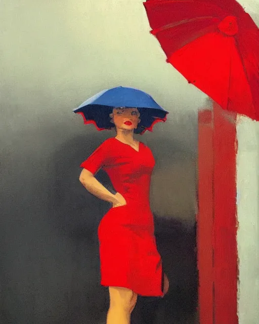 Prompt: a jack vettriano portrait painting of a woman wearing a red dress dancing in the pouring rain