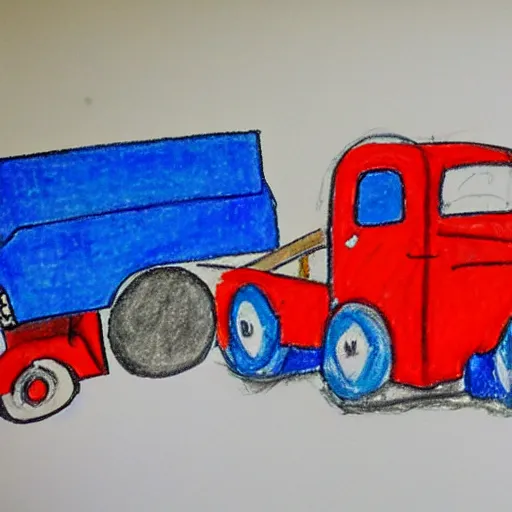 Prompt: a poorly drawn red truck with blue wheels, drawn using crayons, red and blue crayon, drawn on white paper