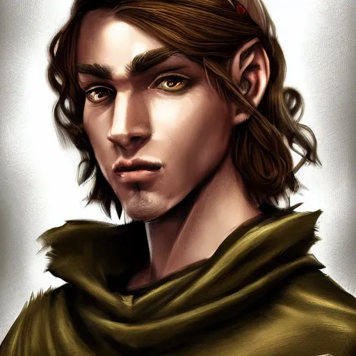 Image similar to realistic portrait, 25 years old man :: athletic fantasy mage :: green eyes, long brown hair :: wearing a brown robe :: high detail, digital art, RPG, concept art, illustration