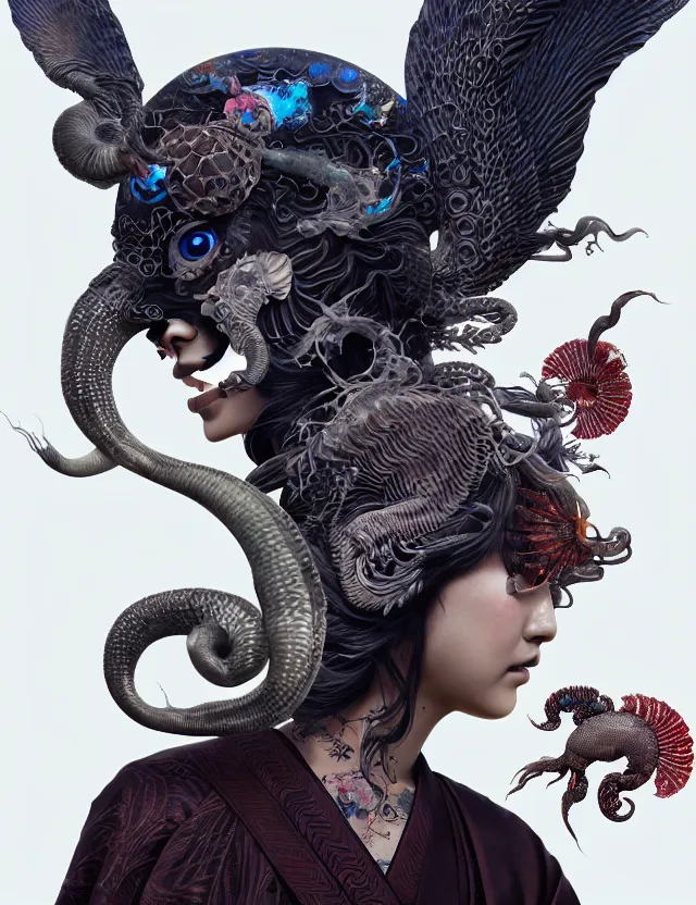 Image similar to 3 d goddess half - turn portrait with ram skull. beautiful intricately detailed japanese crow kitsune mask and clasical japanese kimono. betta fish, jellyfish phoenix, bio luminescent, plasma, ice, water, wind, creature, artwork by tooth wu and wlop and beeple and greg rutkowski