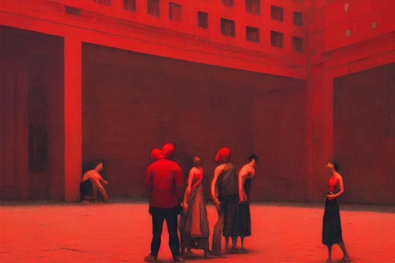 Image similar to only with red, crowd cheering a lot, an exposed picture in a city square, in the style of beksinski, parts by edward hopper, parts by rodcenko, parts by yue minjun, intricate and epic composition, red by caravaggio, insanely quality, highly detailed, masterpiece, red light, artstation, 4 k