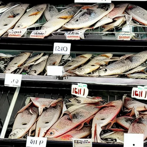 Prompt: pile of dead fish on supermarket checkout, very detailed