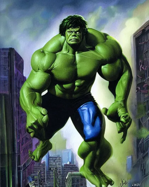 Image similar to a moody painting of the incredible hulk looking angry as he bursts through a wall at noon in a city by joe jusko.