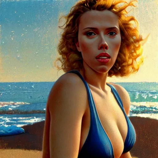 Image similar to Portrait still photograph of Scarlett Johansson wearing a swimsuit at the beach by Norman Rockwell, detailed, textured, golden hour, beach setting, medium shot, mid-shot, trending on Artstation