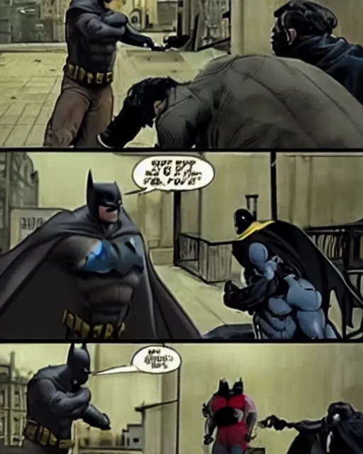 Image similar to Batman (2022) caught beating up a random guy in Gotham, secuirty cam footage, realistic, real life, 720p, low quality footage, leaked footage, viral on instagram, viral on twitter, snapchat photo