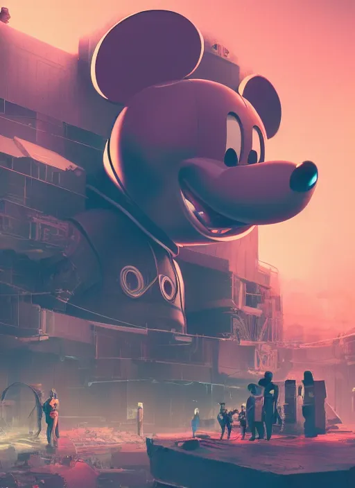 Prompt: giant destroyed head of robotic mickey mouse surrounded by engineers, inside of abandoned netflix office, cyberpunk, by beeple, dystopia, golden ratio, octane render, redshift, trending on artstation, 8 k, cinematic, dramatic